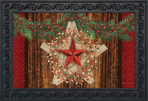 Briarwood Lane Holiday Barnstar Berries Doormat with rustic star and pip berries, indoor/outdoor festive floor mat.