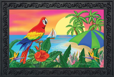 Briarwood Lane Paradise Parrot Summer Doormat with tropical beach scene and colorful parrot on sailboat shore.