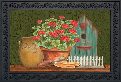 Briarwood Lane Potted Geraniums Summer Doormat with vibrant red flowers on a colorful indoor outdoor floormat.