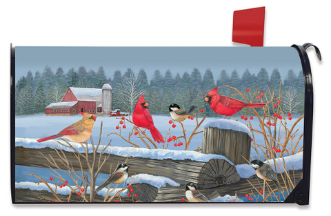 Briarwood Lane Birds of Winter Cardinals on a standard mailbox cover with big red barn scenery.