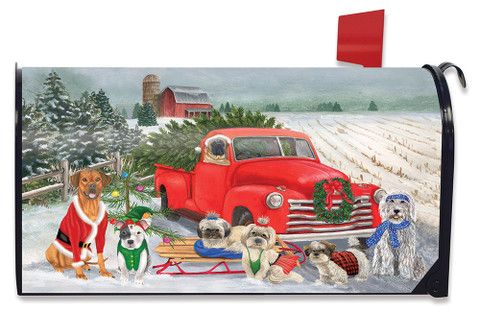 Briarwood Lane Holiday Dogs Christmas Mailbox Cover with red pickup truck and pooches in holiday attire.