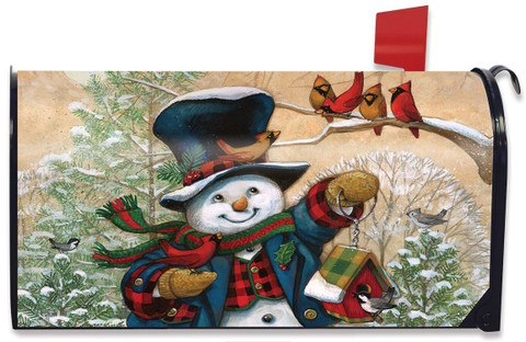 Briarwood Lane Winter Friends Snowman Magnetic Mailbox Cover with cardinals, snowman, and trees, standard size.