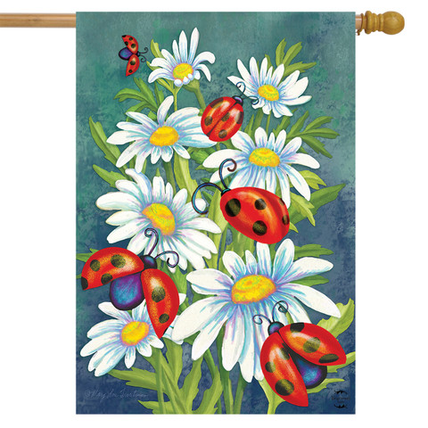 Ladybugs and Daisies Floral House Flag
