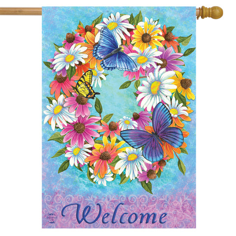 Butterfly Wreath Spring House Flag