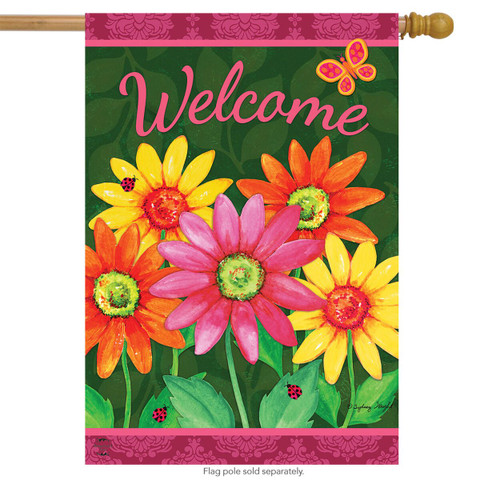 Briarwood Lane Welcome Daisies spring house flag with colorful flowers and cheerful welcome message display.