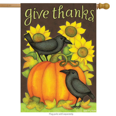Give Thanks Crows Primitive House Flag