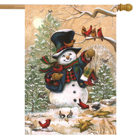 Briarwood Lane Winter Friends Snowman House Flag with snowman, cardinals, and trees, primitive winter xmas design.
