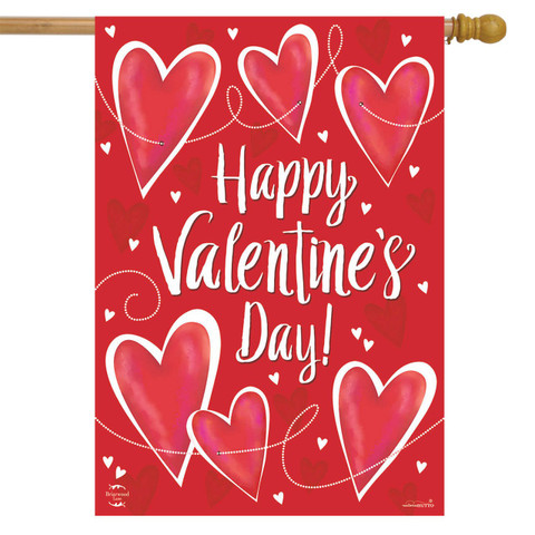 Briarwood Lane String of Hearts Valentine's Day house flag with pink hearts and white lettering.