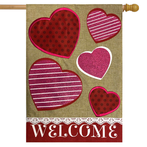 Briarwood Lane double-sided Valentine's Day burlap house flag with hearts and welcome text for valentine love.