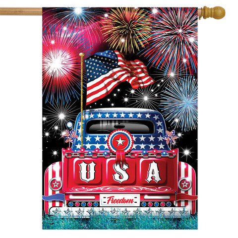 Briarwood Lane USA Pickup Patriotic House Flag with stars, stripes, and fireworks, red, white, and blue.