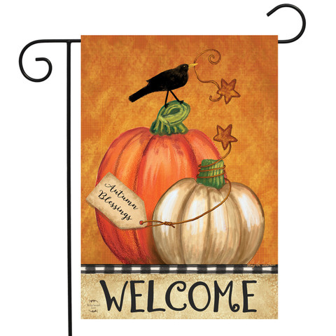 Briarwood Lane Rustic Pumpkins Fall Garden Flag with crows and autumn blessings design in primitive style.