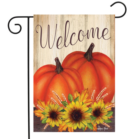 Briarwood Lane autumn garden flag with pumpkins, sunflowers, and welcome text in a primitive fall design.