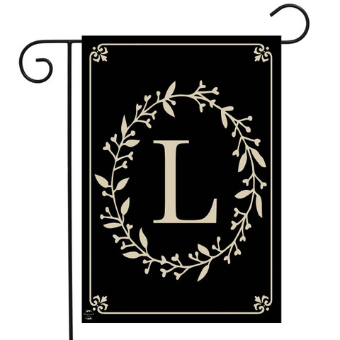 Briarwood Lane personalized garden flag with monogrammed Letter L, black with gold floral design.