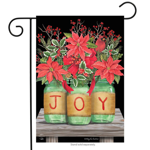 Briarwood Lane Christmas garden flag with poinsettias, flowers, and cardinals on green mason jars reading JOY.