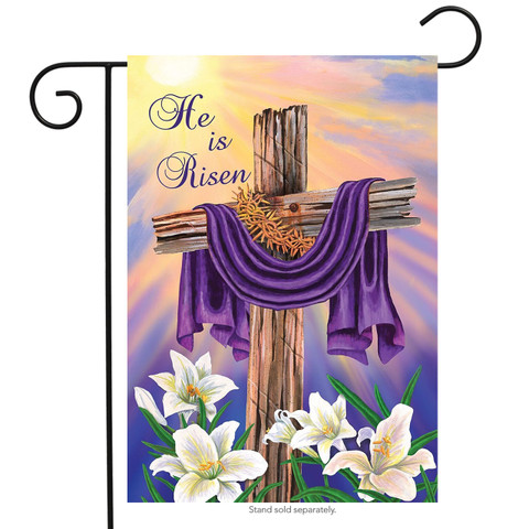 Briarwood Lane Easter Cross Garden Flag with lilies, purple sash, and 'He is Risen' text.