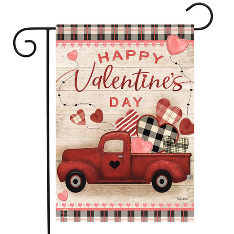 Briarwood Lane Valentine's Day garden flag with red pickup truck and patterned hearts design.