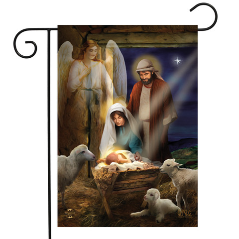 Briarwood Lane Holy Nativity Christmas Garden Flag with Mary, Joseph, baby Jesus, angel, lambs, and north star.