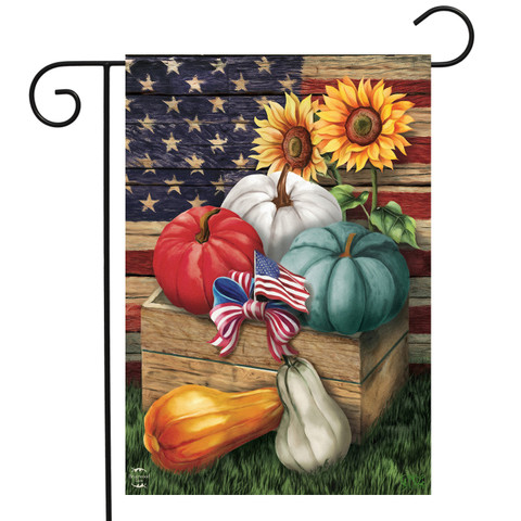 Briarwood Lane Patriotic Pumpkins garden flag with red, white, and blue stars and stripes autumn design.