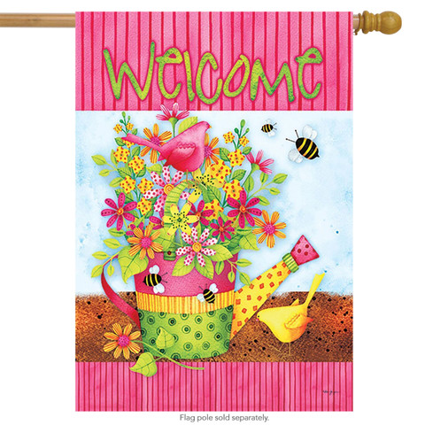 Floral Welcome Watering Can Spring House Flag