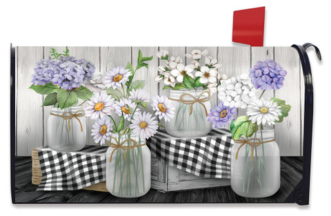 Briarwood Lane Checkered Mason Jars Spring Mailbox Cover with colorful flowers and daisies design.