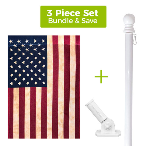 Tea Stained American House Flag + White Metal Flag Pole + Adjustable Bracket Set