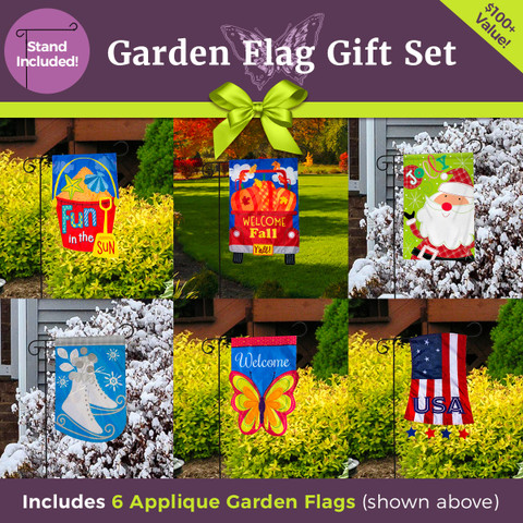 Ultimate Applique Garden Flag Gift Set  - 6 Flags & 3-Piece Garden Flag Stand