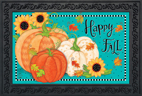 Briarwood Lane Whimsical Fall Primitive Doormat with sunflowers, gourds, pumpkins, and happy fall text.