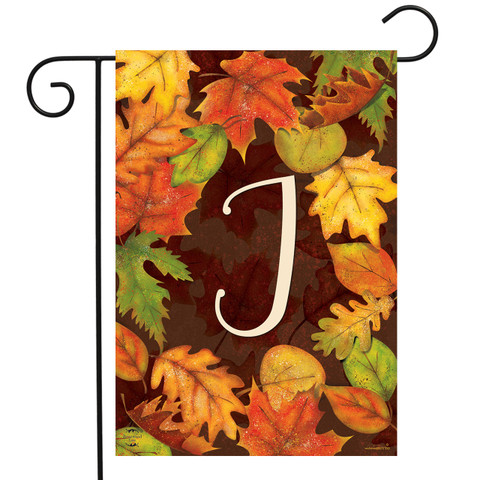 Briarwood Lane Fall Leaves Monogram Letter J garden flag with colorful autumn foliage design.