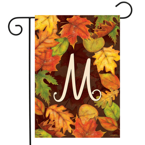 Briarwood Lane Fall Leaves Monogram Letter M garden flag with colorful autumn foliage and decorative print.