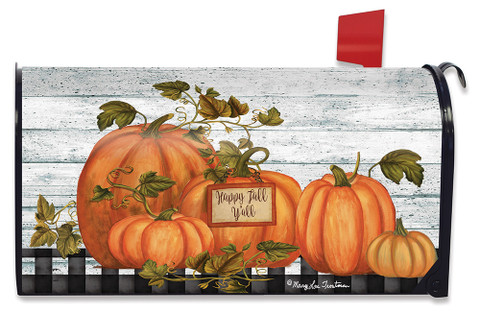 Briarwood Lane Happy Fall Y'all pumpkins mailbox cover with printed colorful gourds and rustic design.