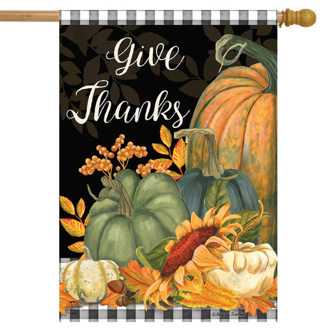 Briarwood Lane small printed house flag with pumpkins, gourds, and Give Thanks text for fall display.