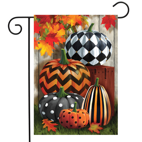 Briarwood Lane garden flag with colorful, cheery pumpkins and gourds in stripes, dots, and checkers.
