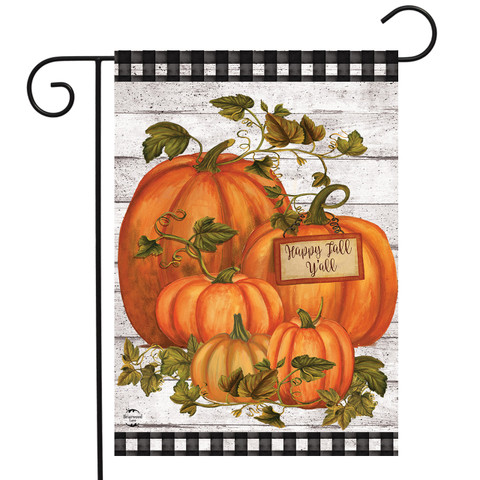 Briarwood Lane Happy Fall Y'all garden flag with colorful pumpkins and gourds on rustic background.