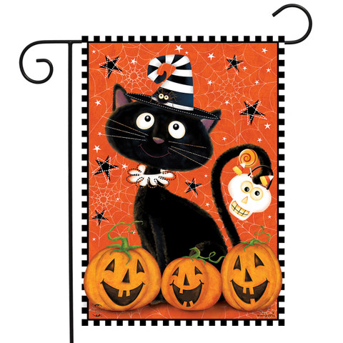 Briarwood Lane Black Kitty Halloween Garden Flag with jack-o-lanterns and cat in festive hat.