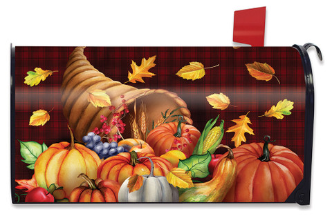 Briarwood Lane Fall Bounty Cornucopia Mailbox Cover with colorful autumn fruit, leaves and pumpkins design.