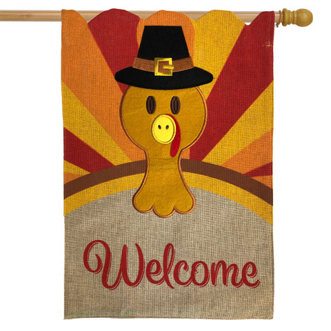 Briarwood Lane double sided turkey welcome flag for Thanksgiving holiday with tom turkey wearing hat.