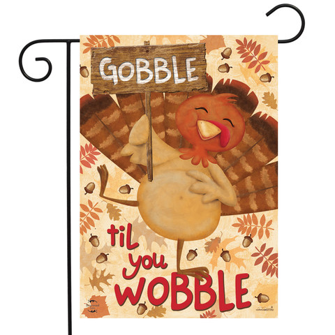 Briarwood Lane Gobble Turkey Thanksgiving Garden Flag with colorful fall leaves and festive holiday humor design.