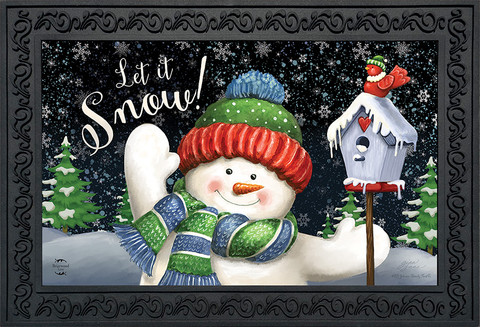 Briarwood Lane Snow Time Snowman Winter Doormat with knit hat, scarf, and festive let it snow.