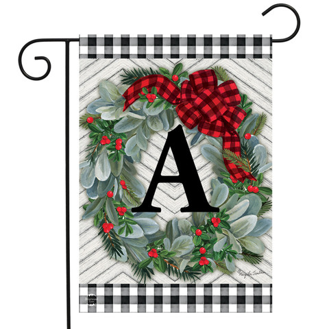 Briarwood Lane small printed garden flag with festive winter wreath, greenery, berries, and colorful letter A.