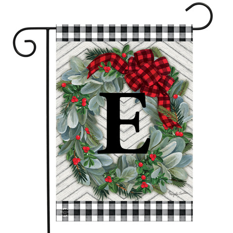 Winter Wreath Monogram Letter E Garden Flag