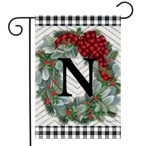 Winter Wreath Monogram Letter N Garden Flag