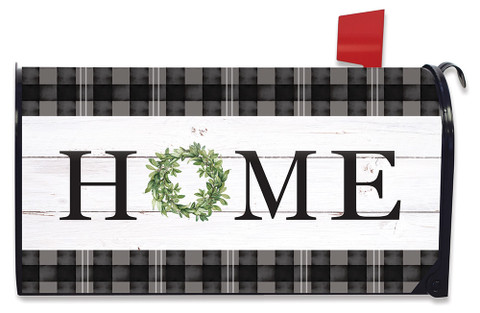 Briarwood Lane Home Everyday Mailbox Cover with plaid and green wreath on white wood background.