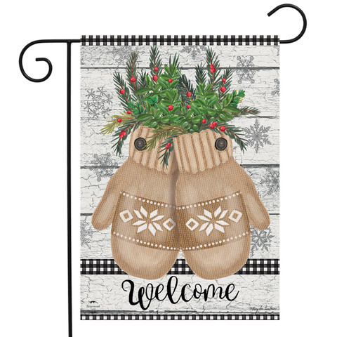Briarwood Lane knit mittens garden flag with snowflakes, spruce, and berries on a colorful welcome sign.