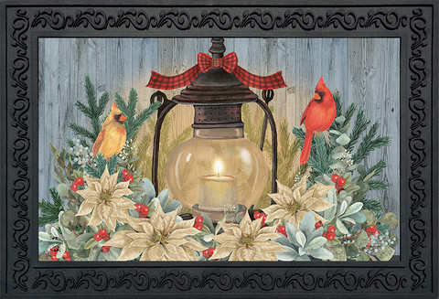 Briarwood Lane primitive candle decor with white poinsettias and colorful birds on rustic lantern.