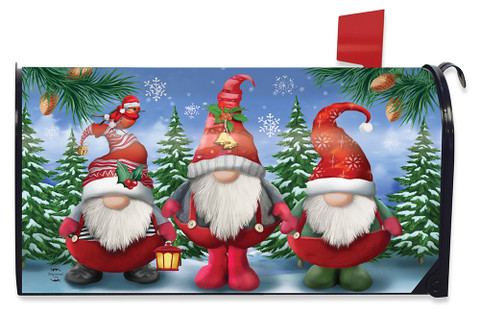 Briarwood Lane Christmas mailbox cover with colorful gnomes and festive winter scene design on large cover.