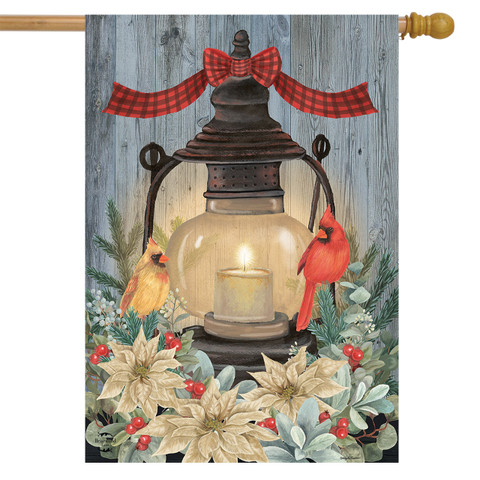 Briarwood Lane small printed house flag with white poinsettias, cardinals, and candle, rustic winter scene.
