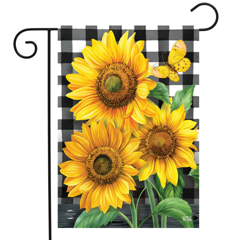 Briarwood Lane small printed garden flag with colorful sunflowers and butterfly on checkered background.