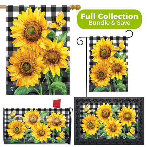 Briarwood Lane Checkered Sunflowers garden flag, house flag, doormat, and mailbox cover design collection.