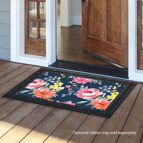 Briarwood Lane Watercolor Floral Spring Doormat with colorful flowers on a black background and border.