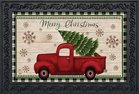 Briarwood Lane Merry Christmas Pickup Truck Doormat with red truck and spruce on checkered background.